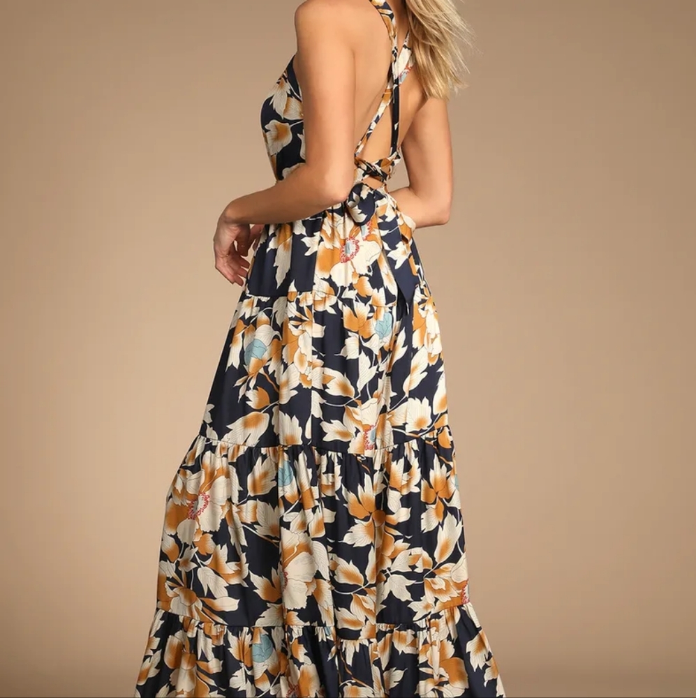 Lulu's  Heat Wave Babe Navy Blue Floral Print Tie-Back Tiered Maxi Dress - Small